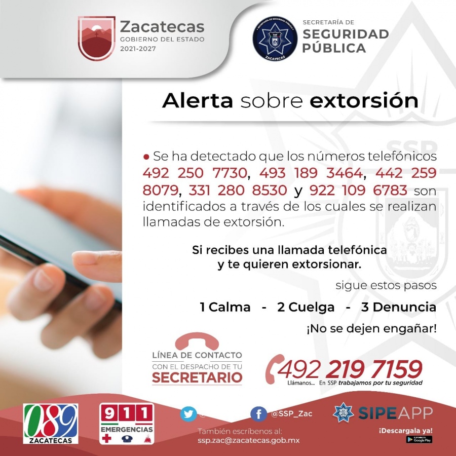Da a conocer SSP nuevos n&uacute;meros extorsivos